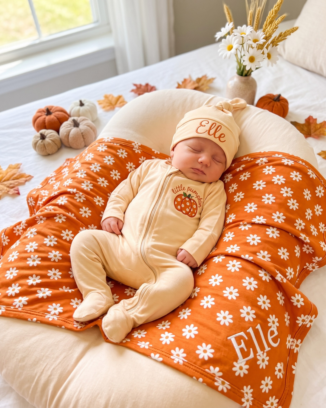 Personalized Daisy Pumpkin Appliqué Embroidered Bamboo Hat