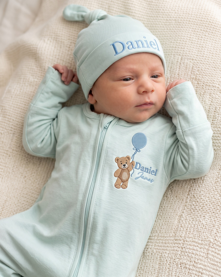 Custom Name Teddy Balloon Embroidered Bamboo Hat