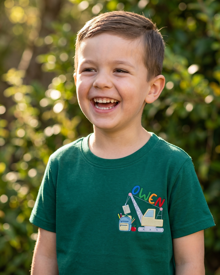 Custom Name Little Builder Back to School Embroidered Bamboo Crewneck T-Shirt