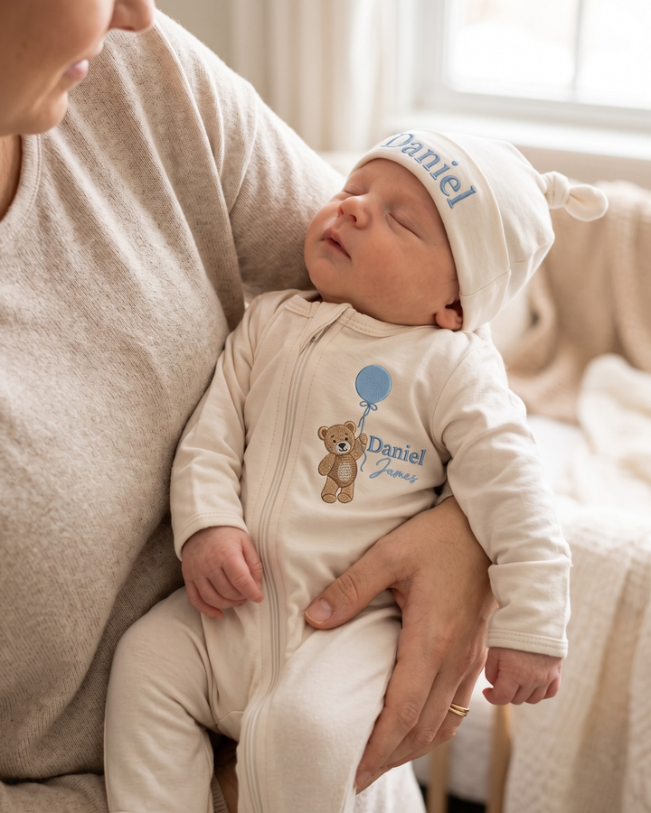 Custom Name Teddy Balloon Embroidered Bamboo Hat