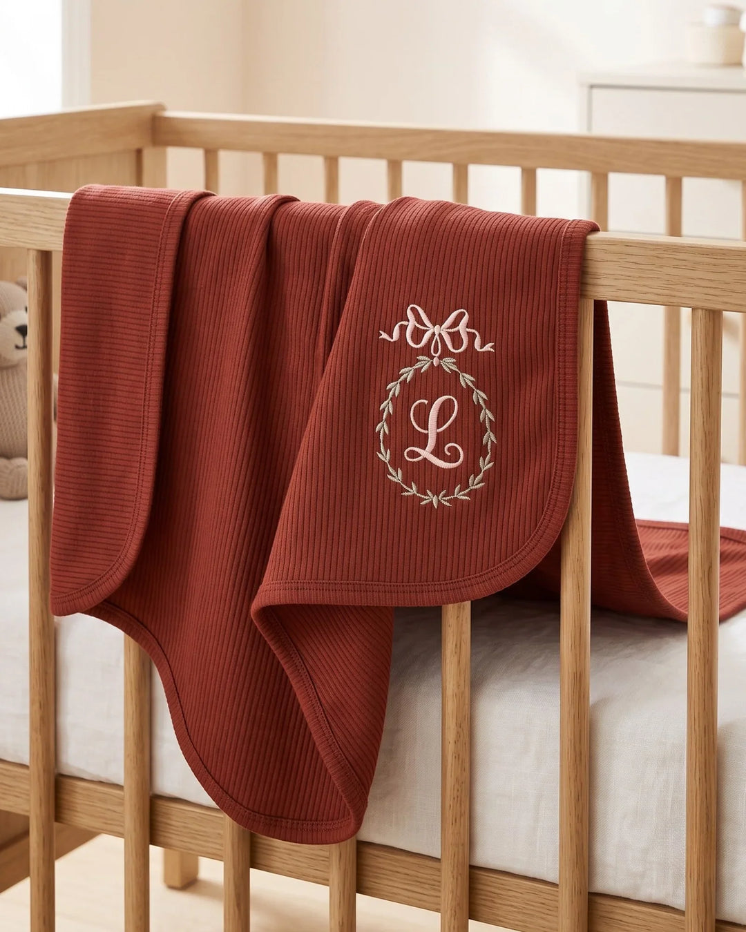 Custom Name Bow Wreath Embroidered Ribbed Bamboo Blanket