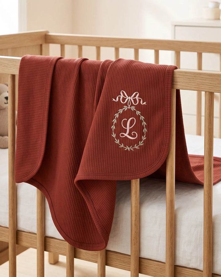 Custom Name Bow Wreath Embroidered Ribbed Bamboo Blanket