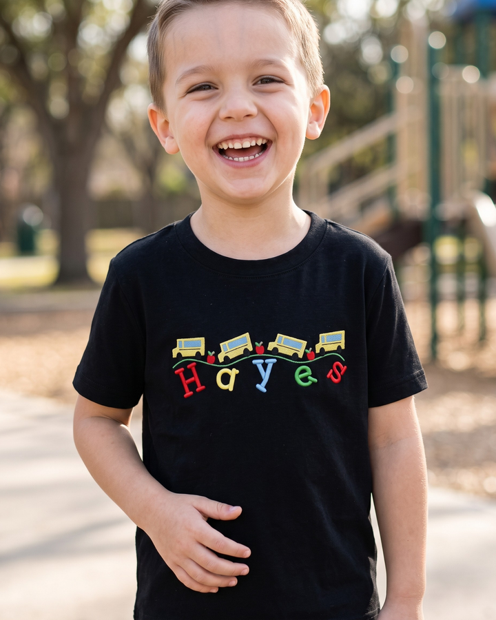Custom Name Happy School Bus Embroidered Bamboo Crewneck T-Shirt