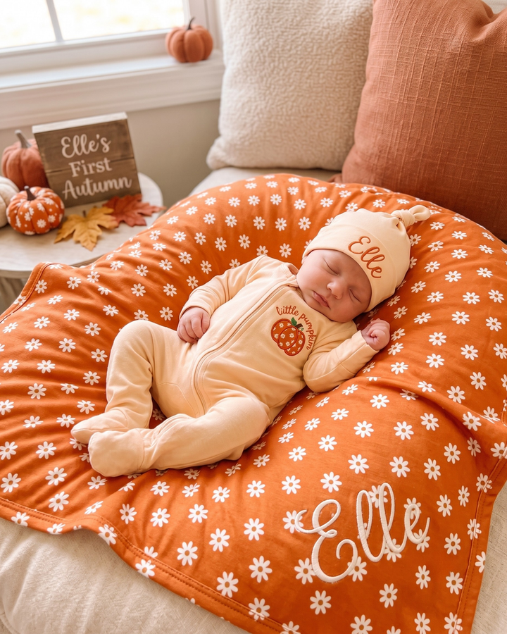 Personalized Daisy Pumpkin Appliqué Embroidered Bamboo Zipper Footie