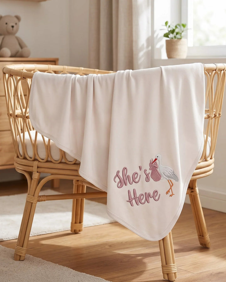 Personalized She's Here Embroidered Bamboo Blanket