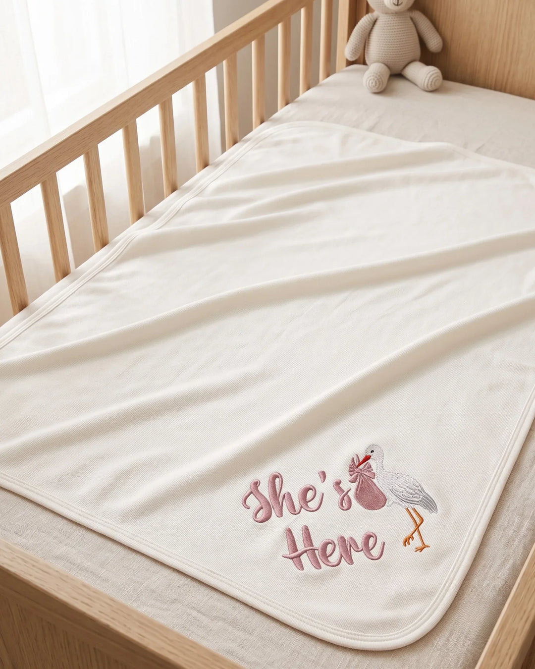 Personalized She's Here Embroidered Bamboo Blanket