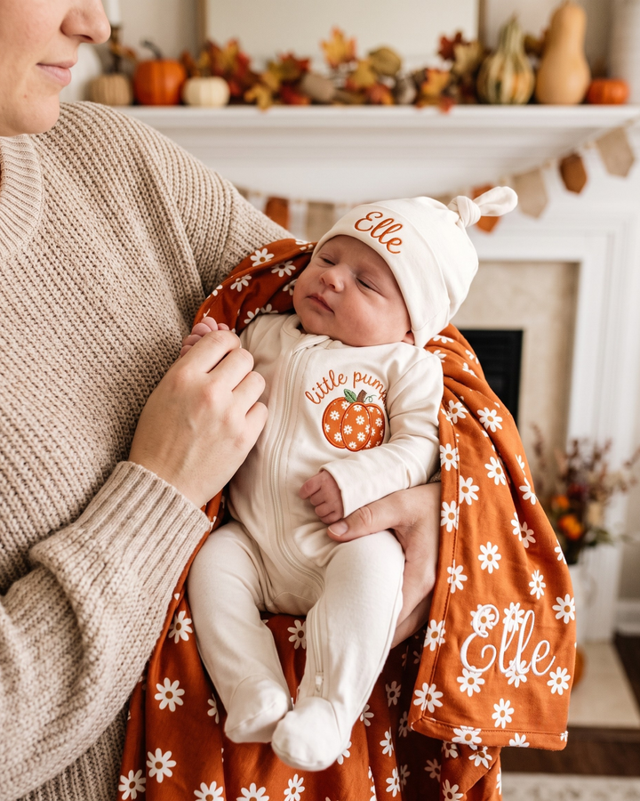 Personalized Daisy Pumpkin Appliqué Embroidered Bamboo Zipper Footie