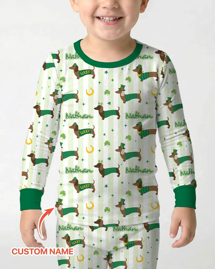 Lucky Dachshunds St. Patrick's Day Family Matching Bamboo Two Piece Long Sleeve Pajama Set