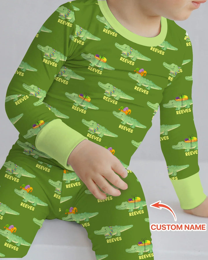 Custom Name Mardi Gras Gator Bamboo Two Piece Long Sleeve Pajama Set
