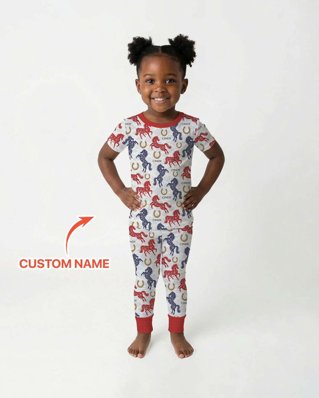 Custom Name Chinoiserie Horses Bamboo Two Piece Short Sleeve Pajama Set