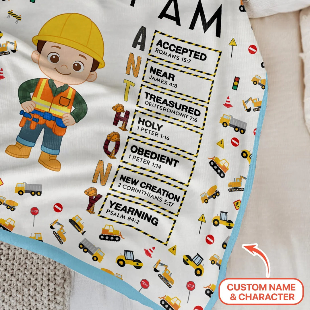 Custom Name God Says I Am Little Builder Letter in Bible Bamboo Blanket