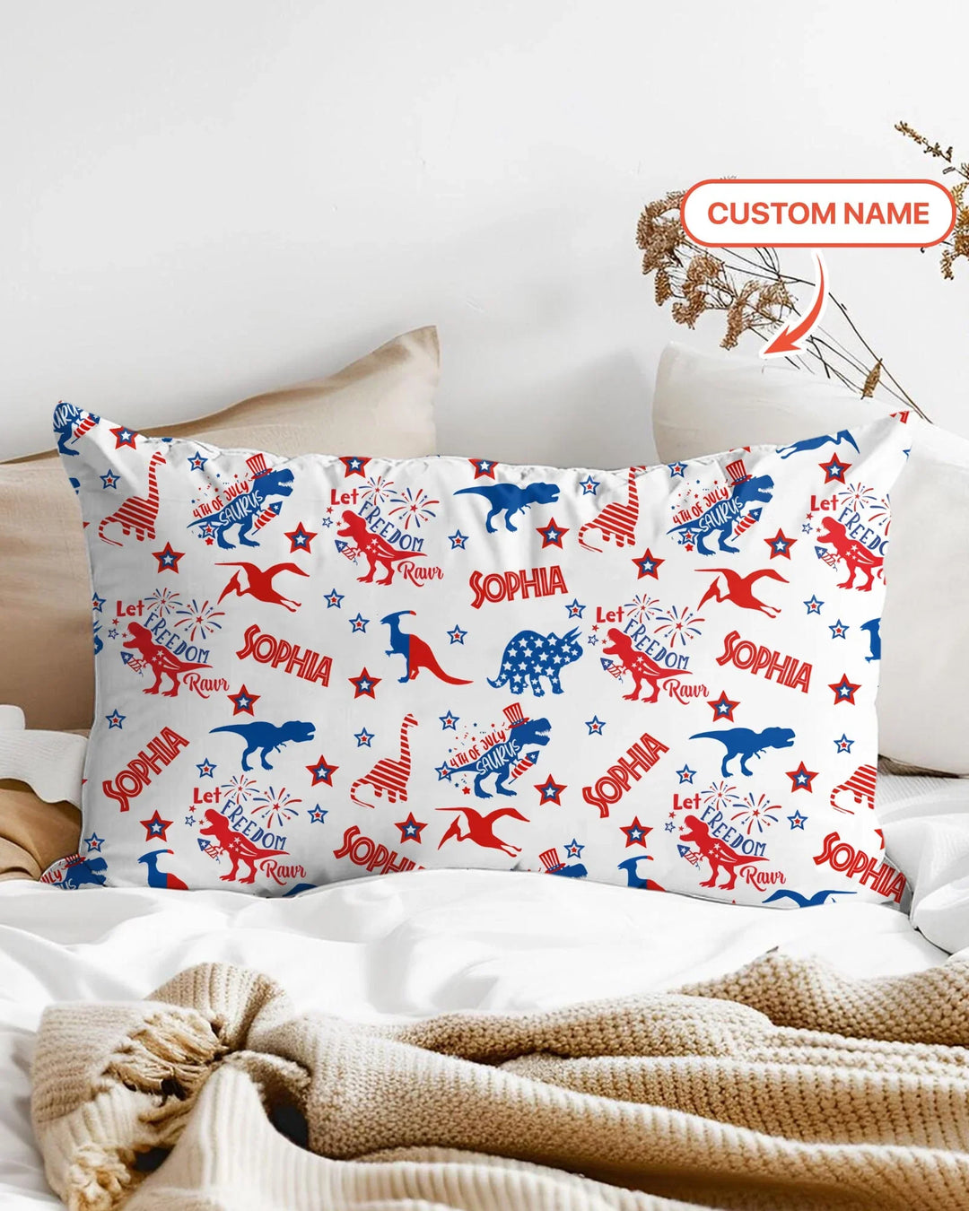 Custom Name Patriotic Dinosaur Bamboo Pillow Case
