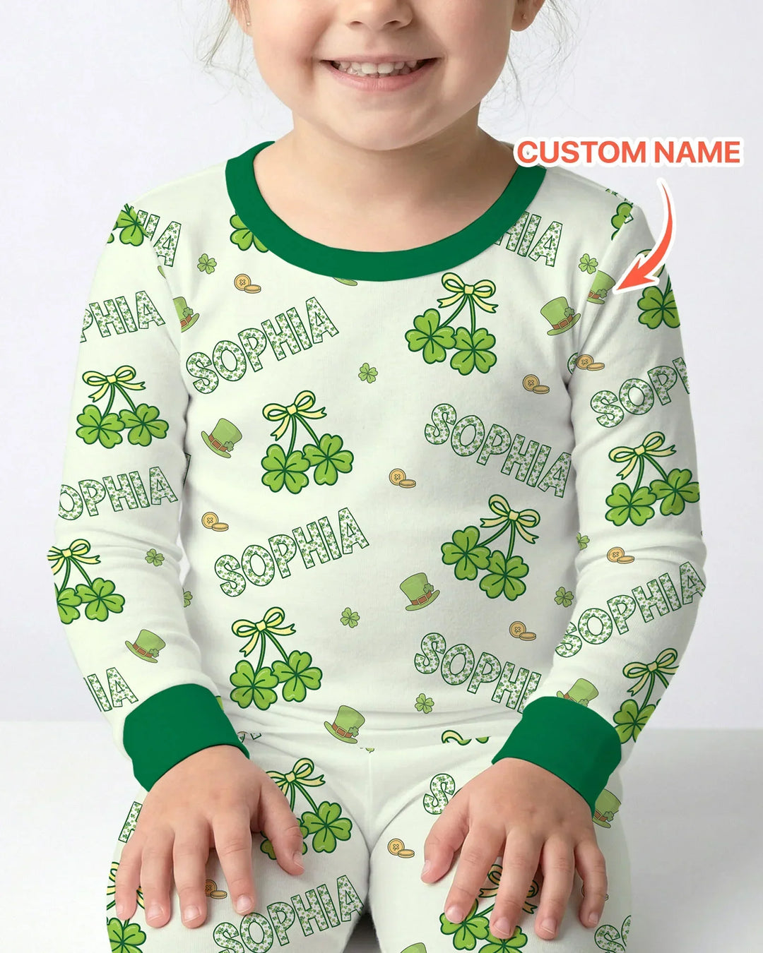 Custom Name Lucky Little Shamrock Bamboo Two Piece Long Sleeve Pajama Set