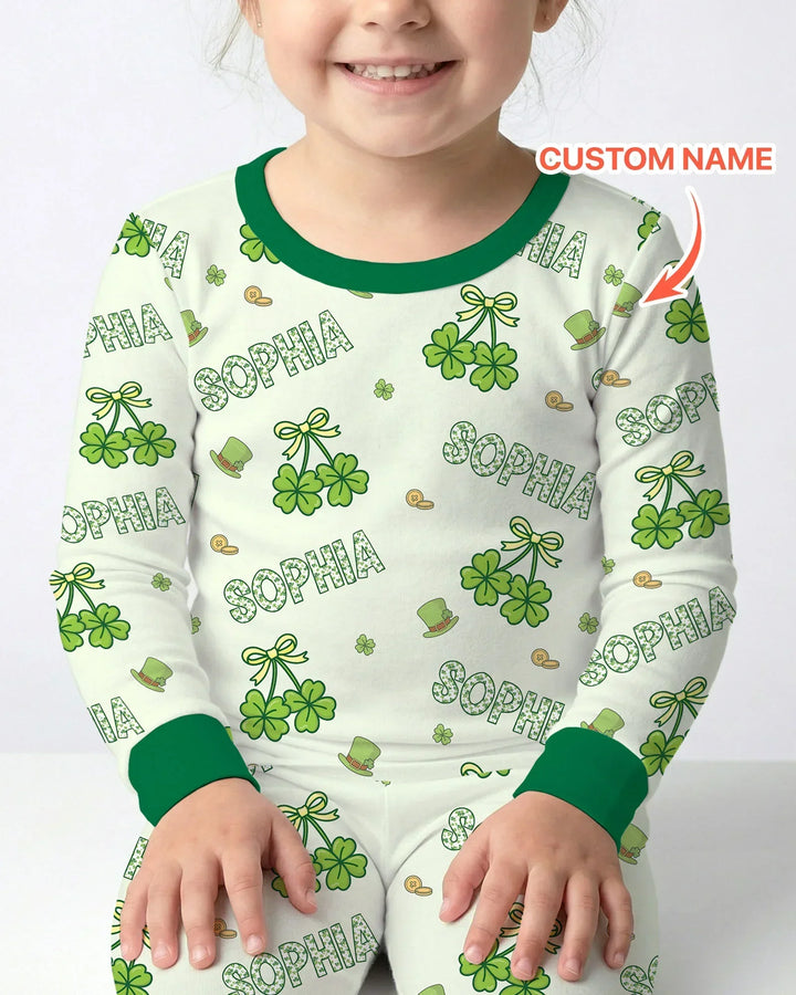 Custom Name Lucky Little Shamrock Bamboo Two Piece Long Sleeve Pajama Set