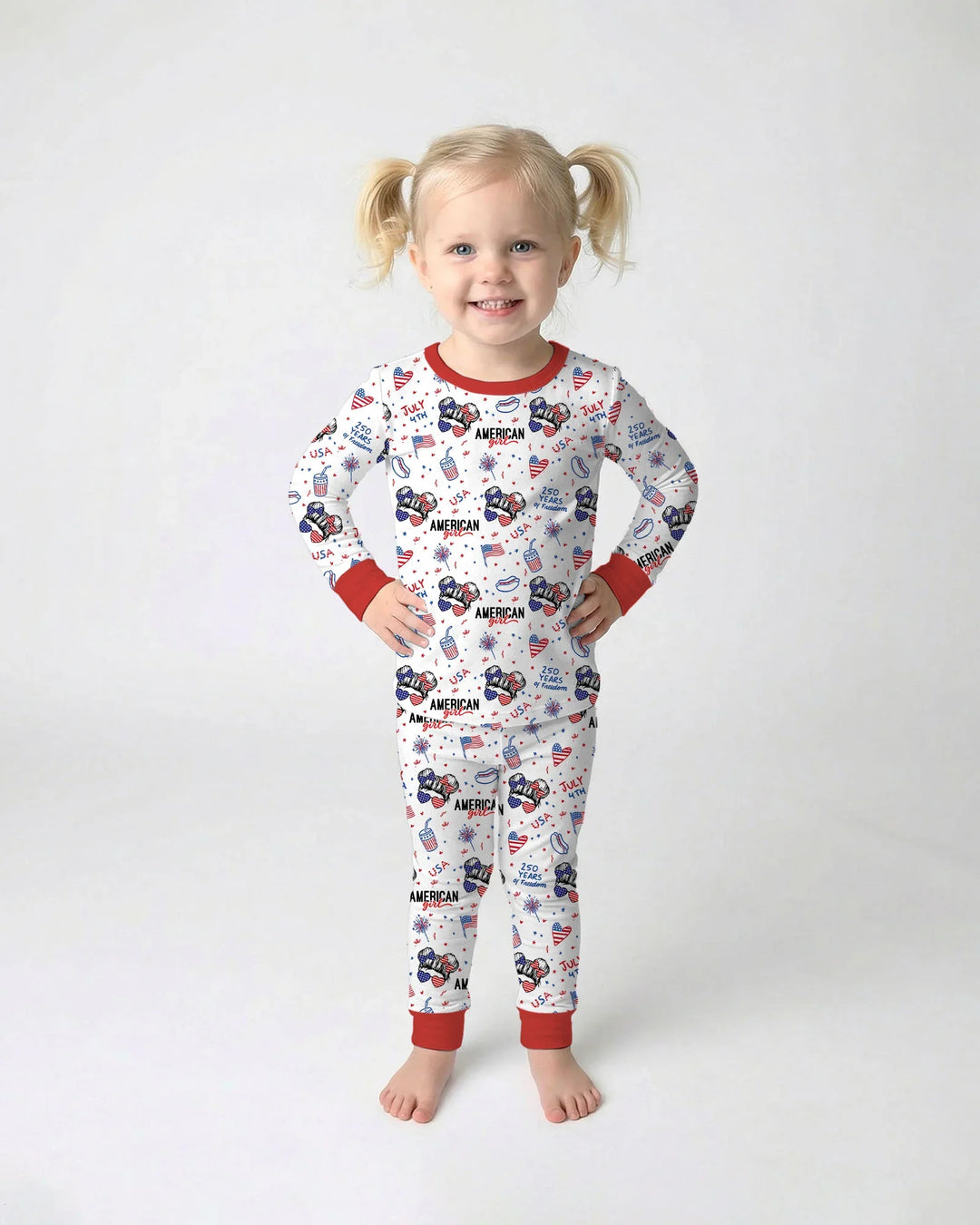 Doodle American Flag Glasses Family Matching Bamboo Two Piece Long Sleeve Pajama Set
