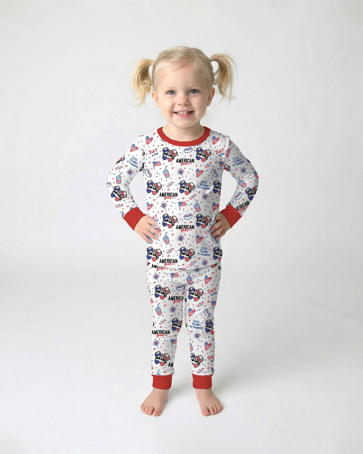 Doodle American Flag Glasses Family Matching Bamboo Two Piece Long Sleeve Pajama Set