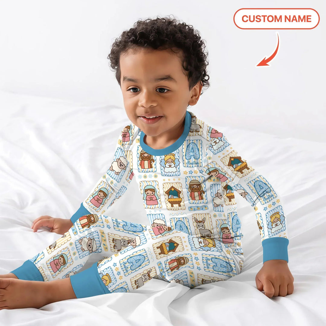 Custom Name Christmas Nativity Bamboo Two Piece Long Sleeve Pajama Set