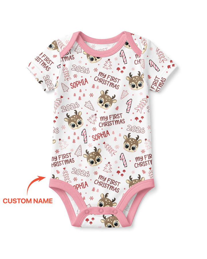 Custom Name Cute Reindeer My First Christmas Bamboo Bodysuit