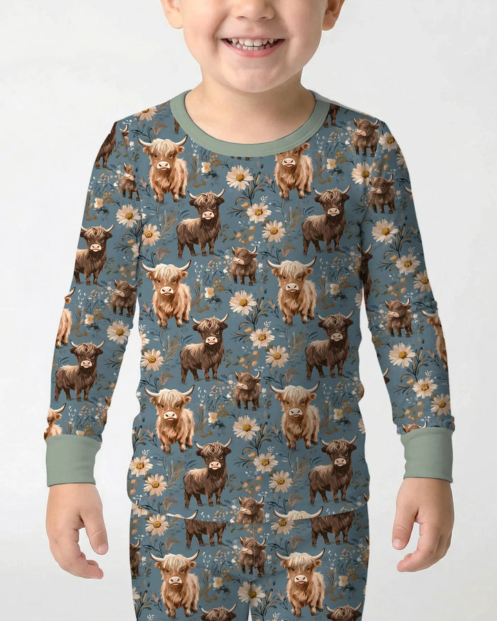 Majestic Highland Cows Family Matching Bamboo Two Piece Long Sleeve Pajama Set