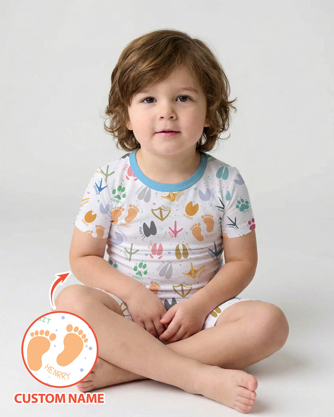 Cute Farm Animal Tracks Custom Name Bamboo Two Piece Short Sleeve Shorts Pajama Set