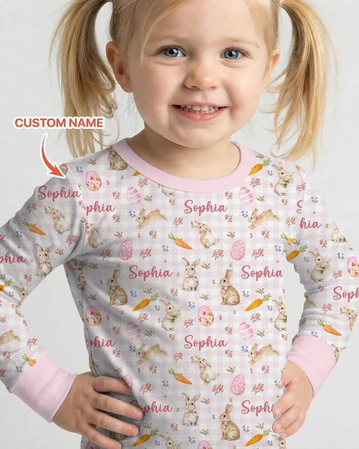 Custom Name Bunny Garden Bamboo Two Piece Long Sleeve Pajama Set