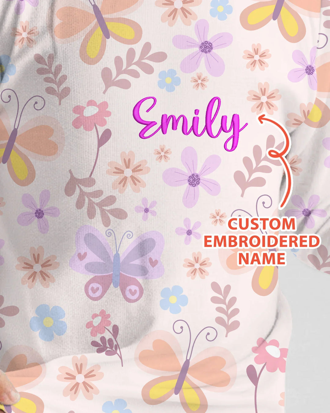 Custom Embroidered Name Butterfly Bamboo Two Piece Long Sleeve Pajama Set