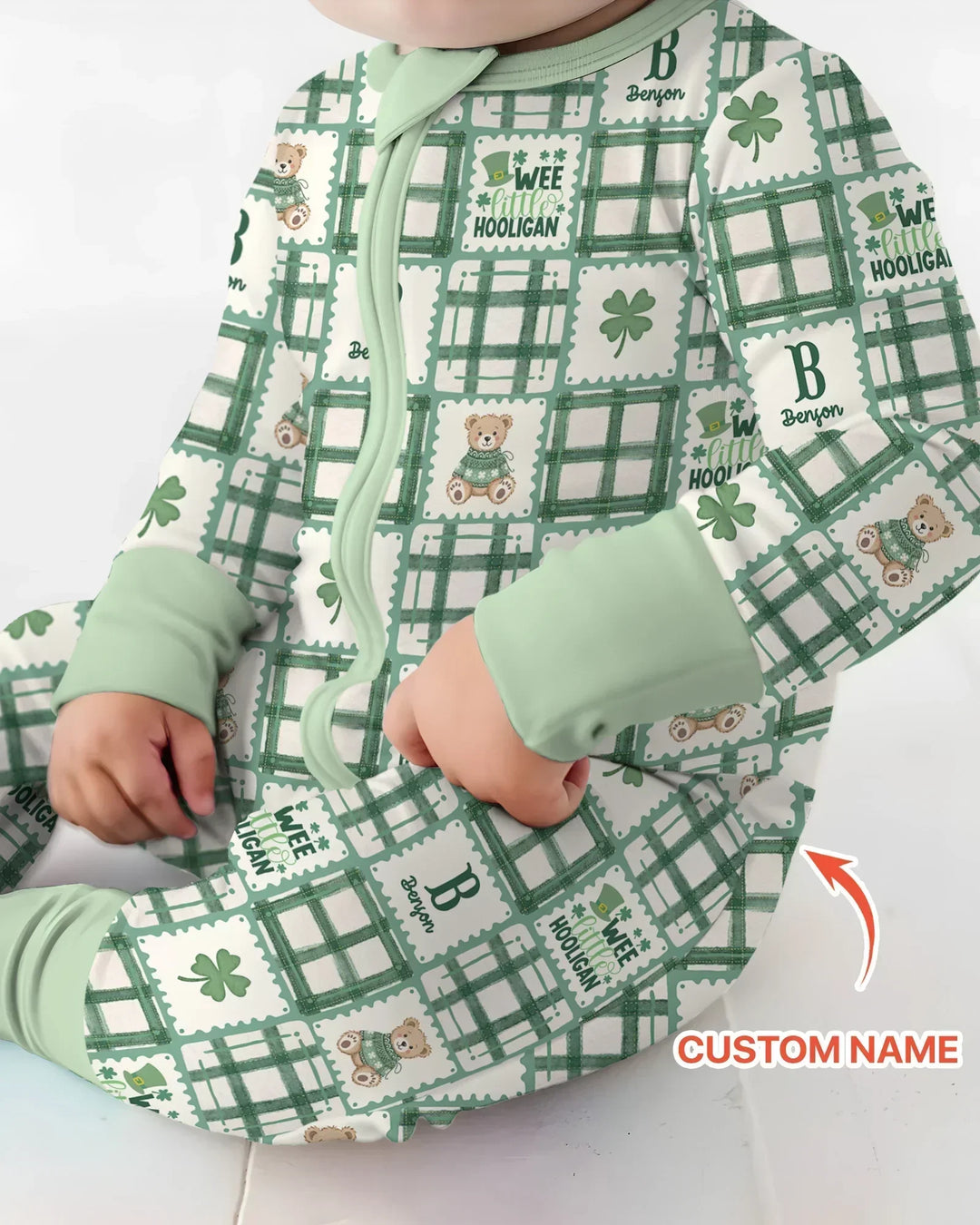 Custom Name Teddy Bear Gingham St. Patrick's Day Bamboo Convertible Zippy