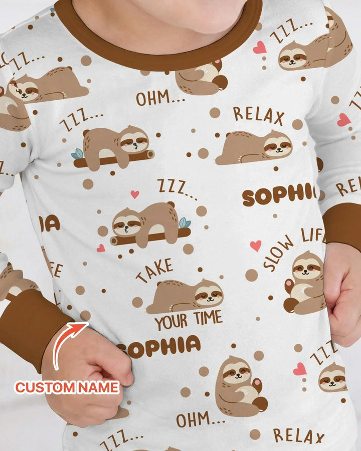 Custom Name Cute Sloth Bamboo Two Piece Long Sleeve Pajama Set