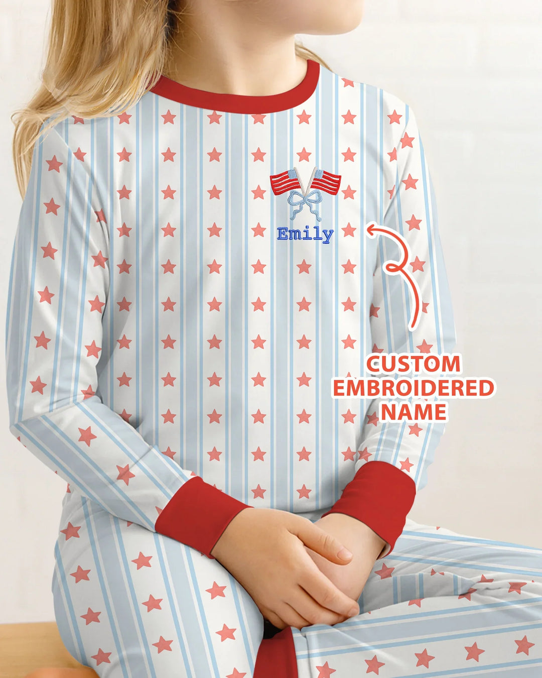 Custom Name Embroidered First 4th Of July Baby Bamboo Two Piece Long Sleeve Pajama Set