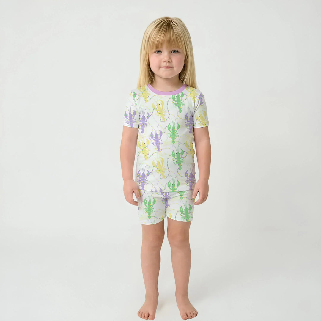 Mardi Gras Crawfish Family Matching Bamboo Two Piece Short Sleeve Shorts Pajama Set