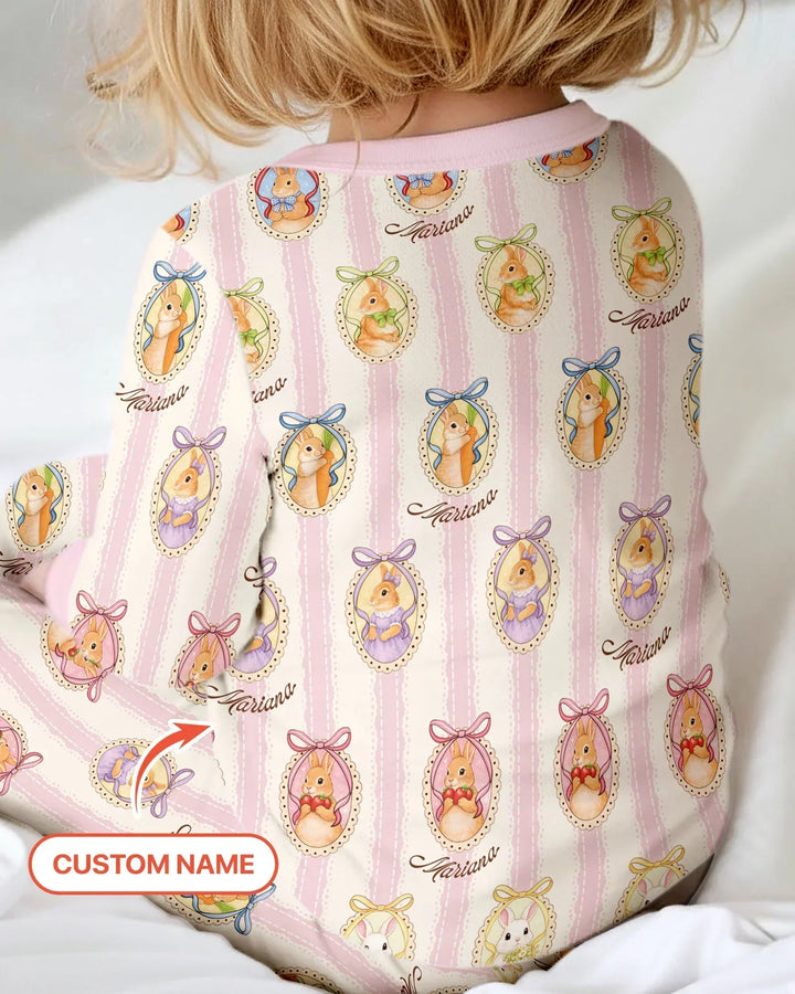 Custom Name Vintage Easter Bunny Bamboo Two Piece Long Sleeve Pajama Set
