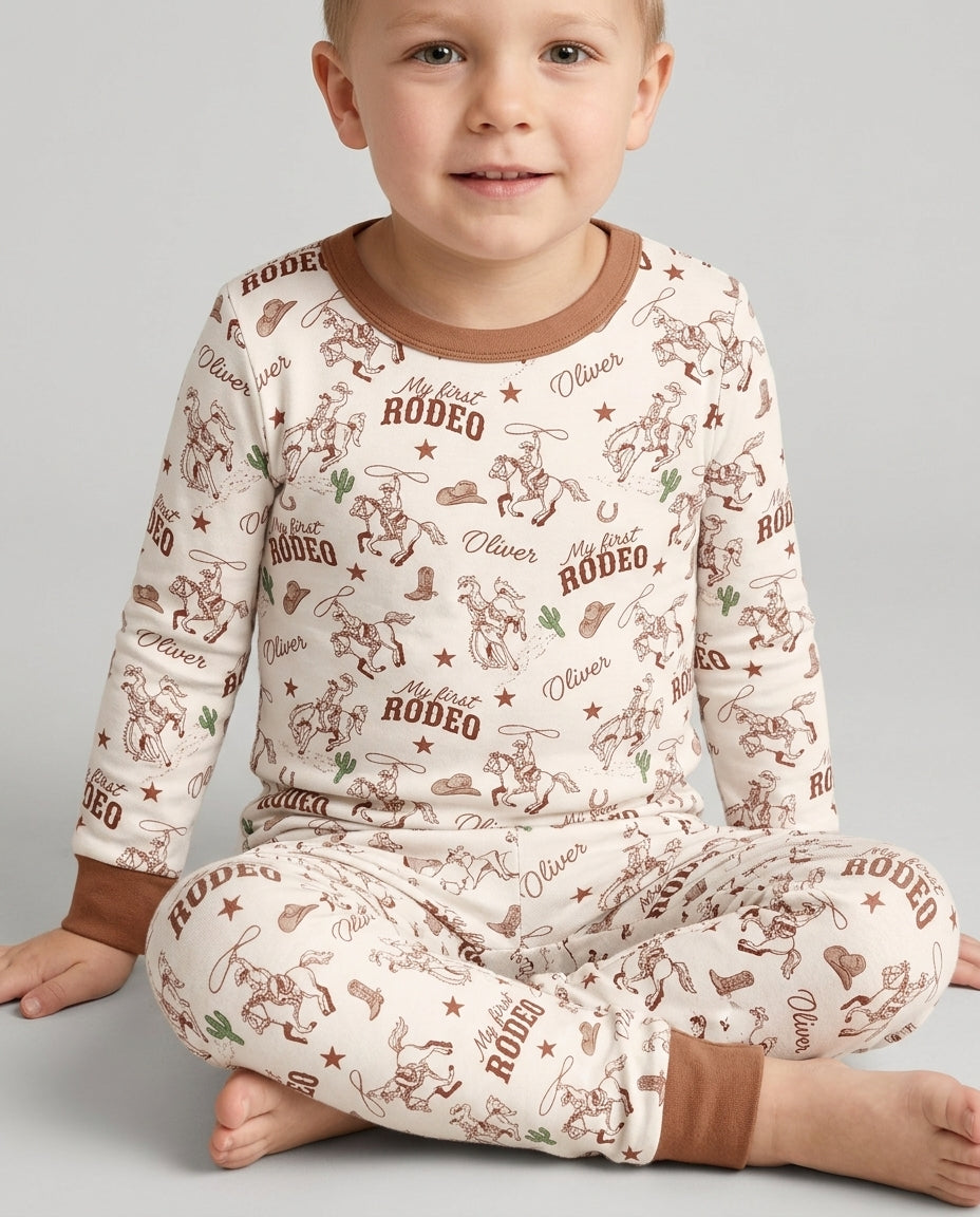 Custom Name First Rodeo Family Matching Bamboo Two Piece Long Sleeve Pajama Set
