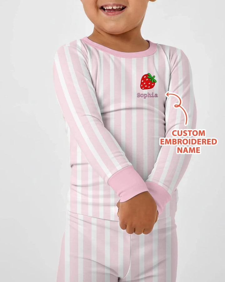 Personalized Embroidered Pink Stripes Baby Bamboo Two Piece Long Sleeve Pajama Set
