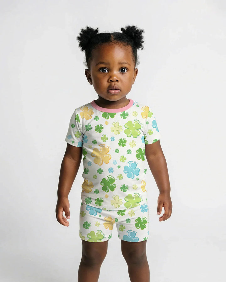 Shamrocks Print St. Patrick's Day Bamboo Two Piece Short Sleeve Shorts Pajama Set