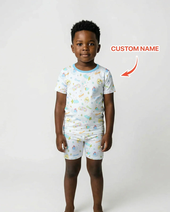 Custom name Happy Easter Bamboo Two Piece Short Sleeve Shorts Pajama Set