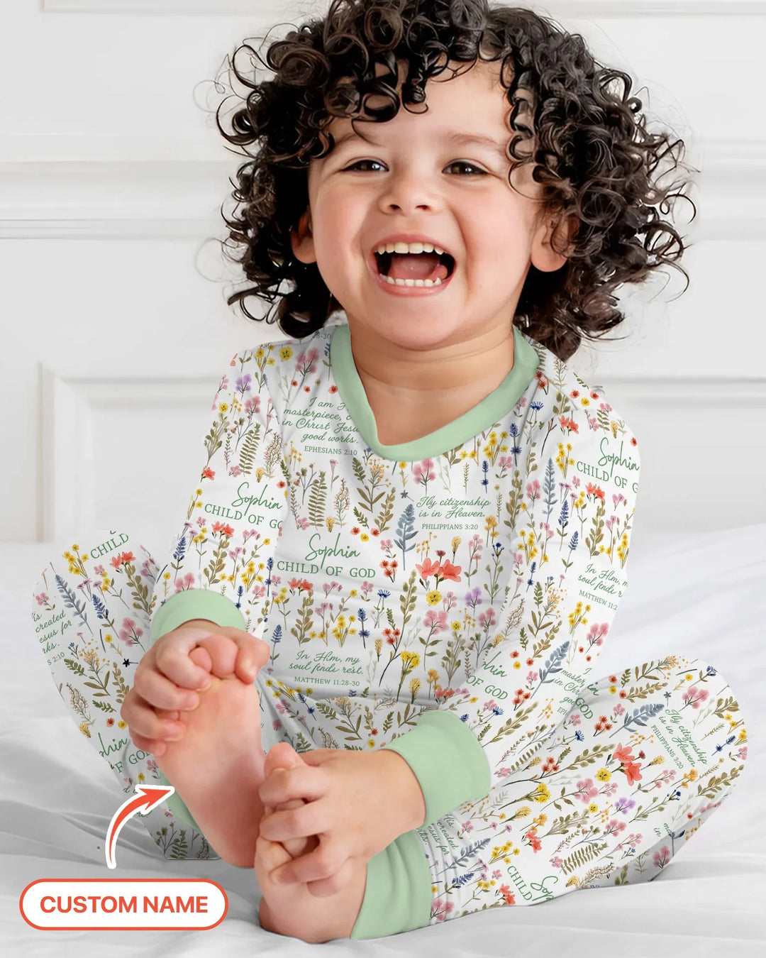 Custom Name Child of God Flower Garden Bamboo Two Piece Long Sleeve Pajama Set