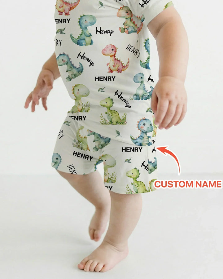 Dinosaur Custom Name Bamboo Two Piece Short Sleeve Shorts Pajama Set