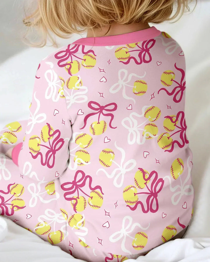 Softball Cherry Mom And Girl Matching Bamboo Two Piece Long Sleeve Pajama Set