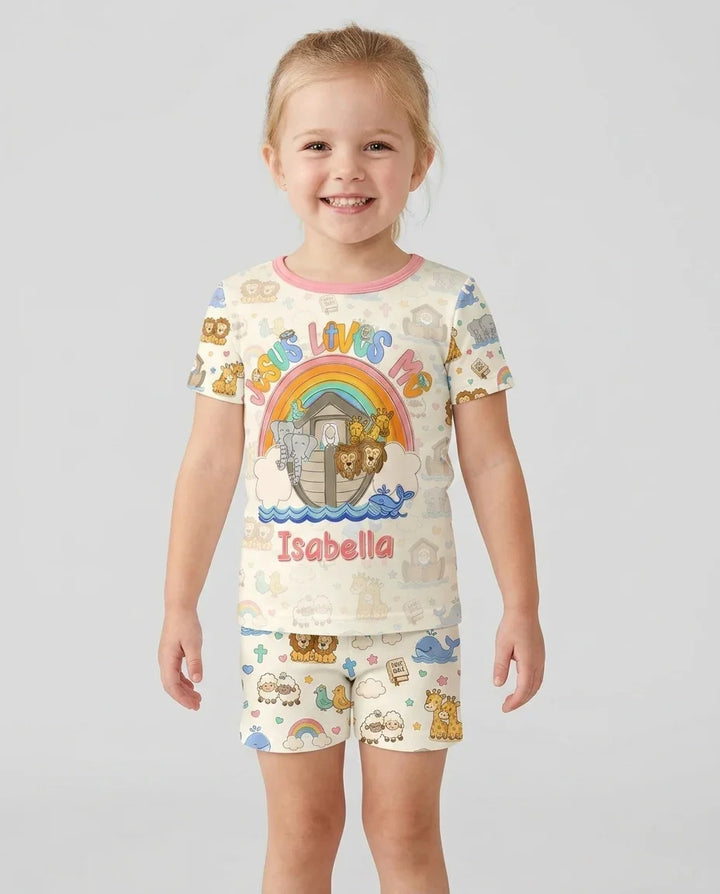 Custom Name Noah's Ark Jesus Loves Me Bamboo Two Piece Short Sleeve Shorts Pajama Set