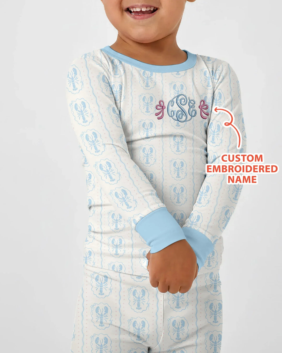 Custom Monogram Letter Embroidered Baby Bamboo Two Piece Long Sleeve Pajama Set
