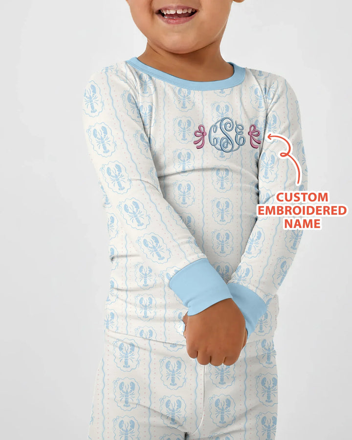 Custom Monogram Letter Embroidered Baby Bamboo Two Piece Long Sleeve Pajama Set