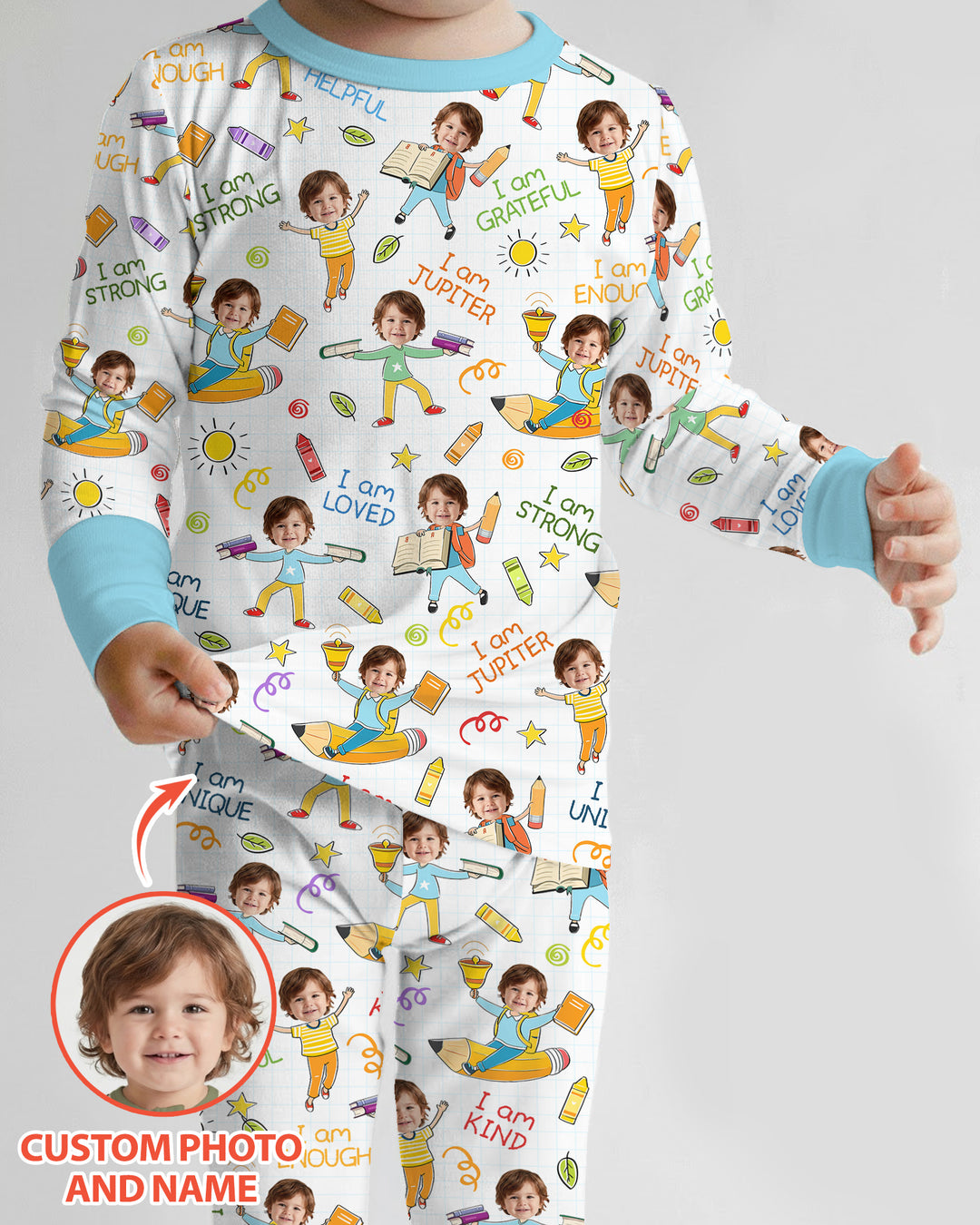 Custom Photo Kid Affirmations I Am Kind Bamboo Two Piece Long Sleeve Pajama Set