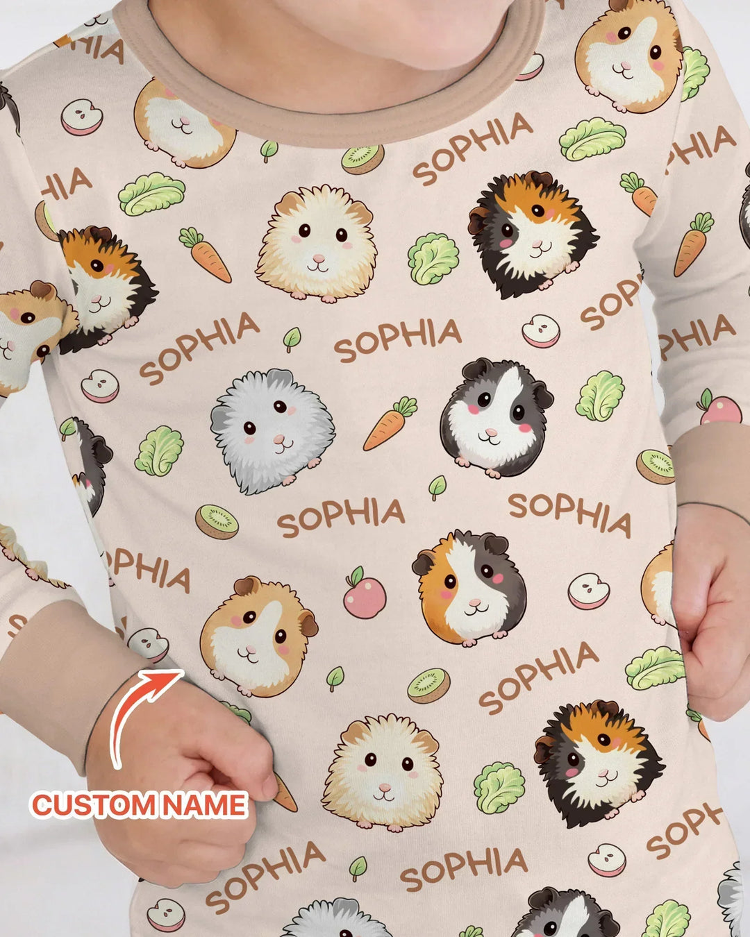 Custom Name Cute Guinea Pigs Bamboo Two Piece Long Sleeve Pajama Set