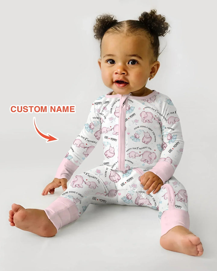 Custom Name Mother & Baby Elephant Bamboo Convertible Zippy