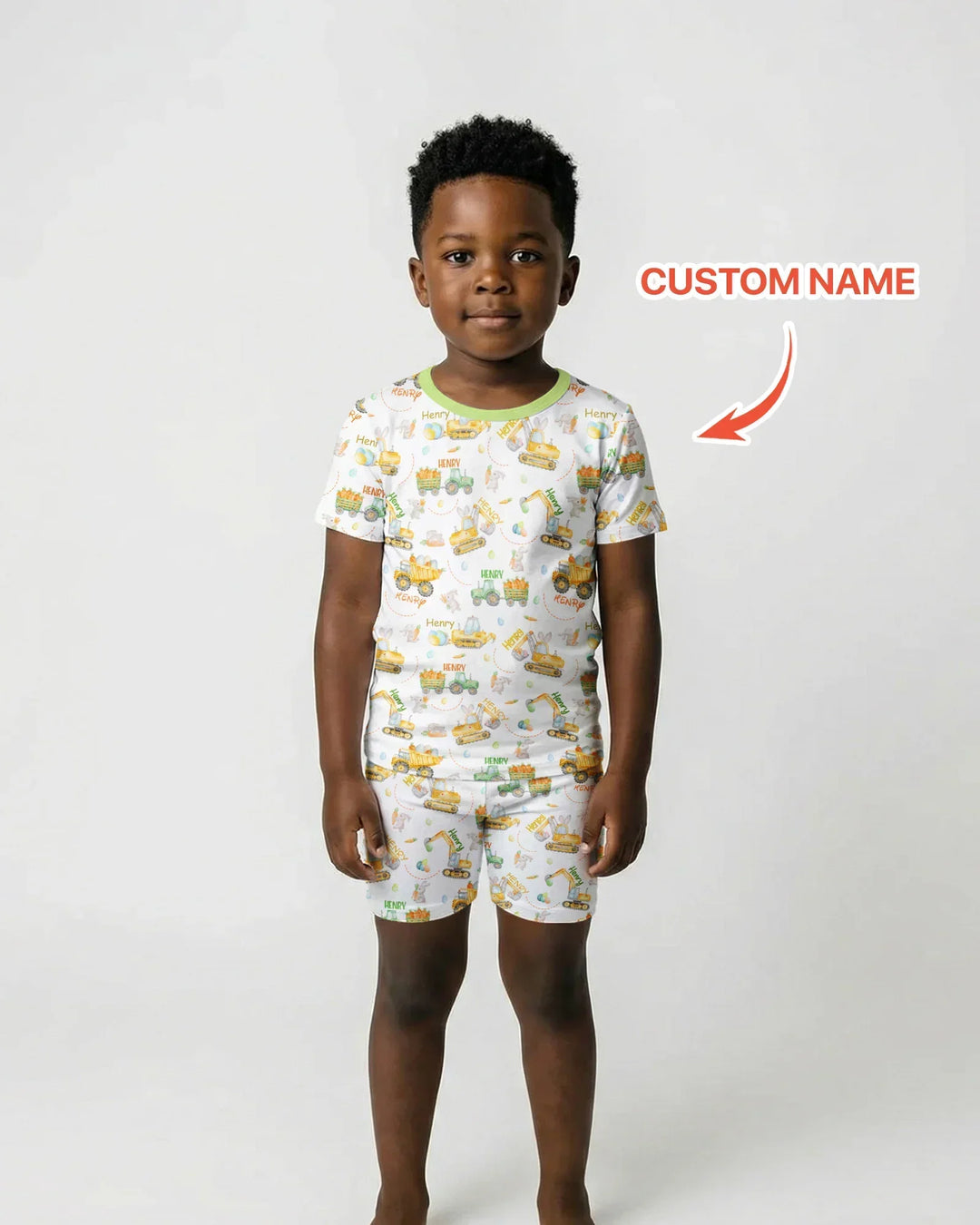 Easter Construction Vehicles Custom Name Bamboo Two Piece Short Sleeve Shorts Pajama Set