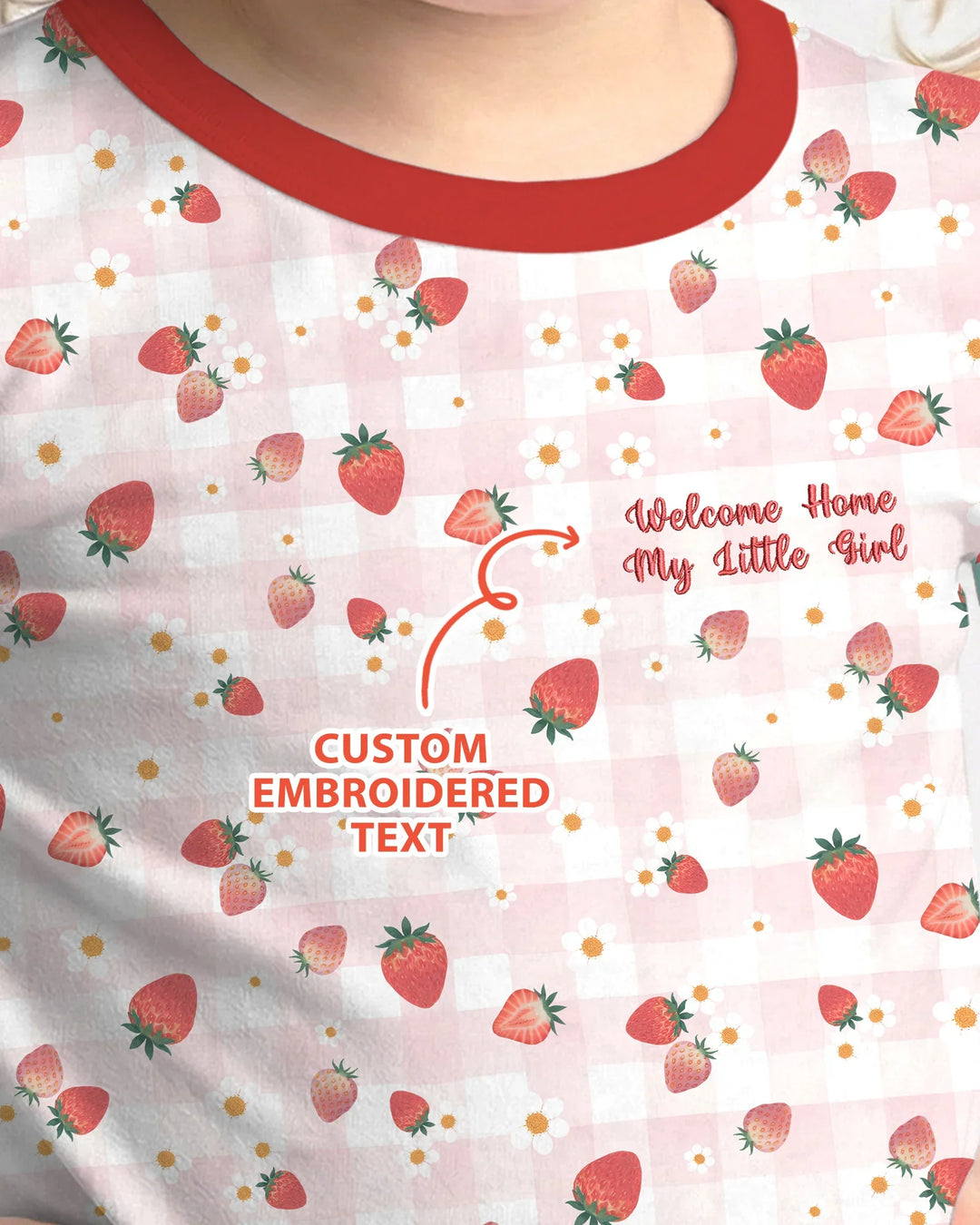 Embroidered Custom Text Strawberry Bamboo Two Piece Long Sleeve Pajama Set
