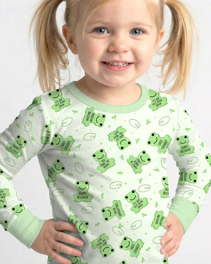 Marzipan Passover Conversation Frogs Bamboo Two Piece Long Sleeve Pajama Set