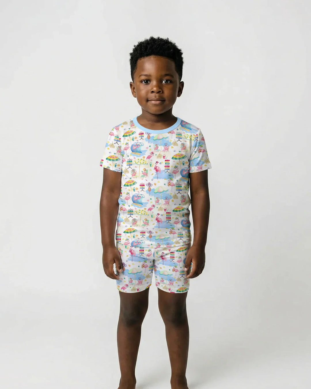 Flamingo Beach Family Matching Bamboo Two Piece Short Sleeve Shorts Pajama Set