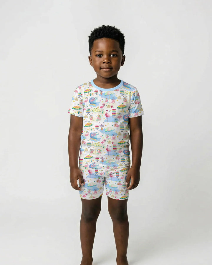 Flamingo Beach Family Matching Bamboo Two Piece Short Sleeve Shorts Pajama Set