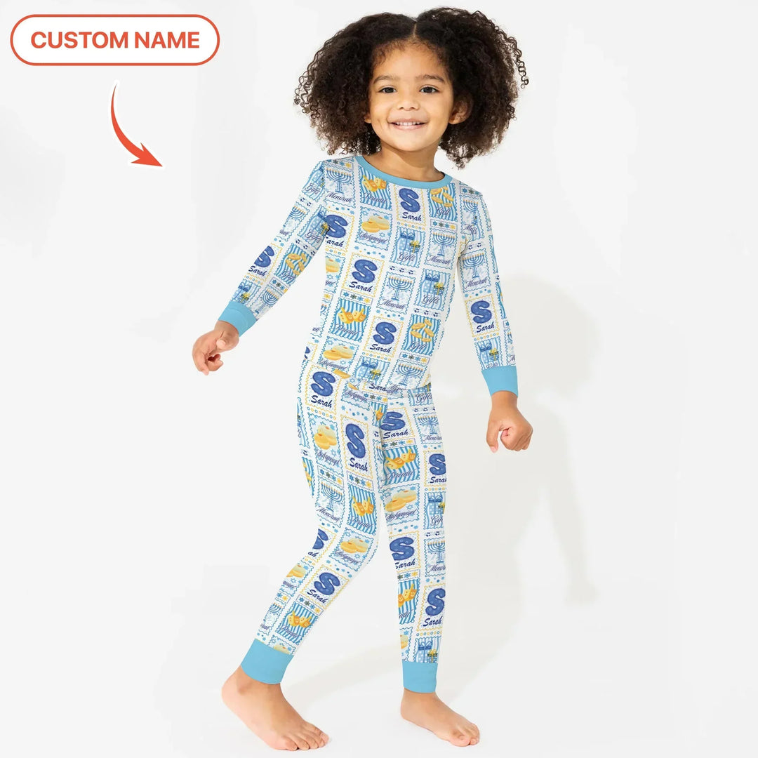 Light of Hanukkah Custom Name Bamboo Two Piece Long Sleeve Pajama Set